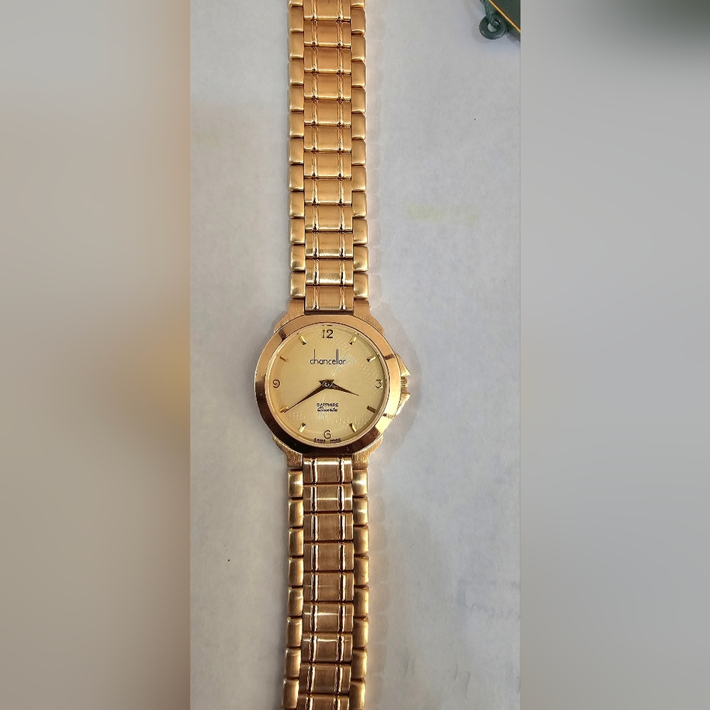 CHANCELLOR SWISS MADE 18K GOLD PLATED WATCH NEW WITH  TAGS SAPPHIRE ACCENT.